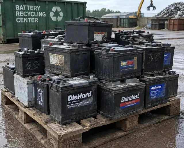 Old lead-acid batteries at a John's Famous yard