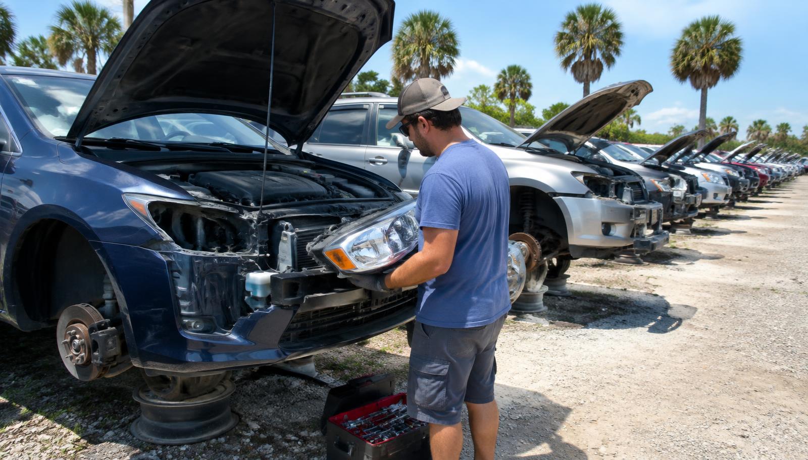 Used cars on stands at the U-Pull-It yard in Bunnell